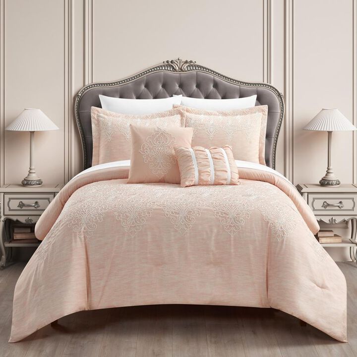 Chic Home Hubli Comforter Set Embroidered Pattern Heathered Bedding - Decorative Pillows Shams Included - 5 Piece - King 104x96", Blush