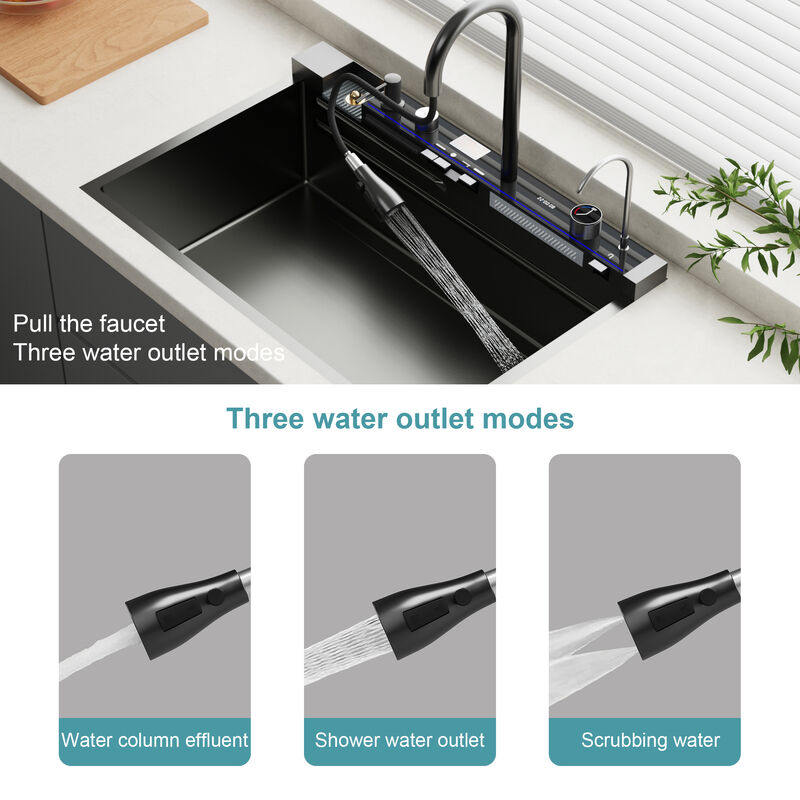 FUFU&GAGA PVD 304 Stainless Steel Kitchen Sink with Cutting Board, Drain Rack, and Smart Faucet,(33.1" W x 22" D x 24.6" H),Black