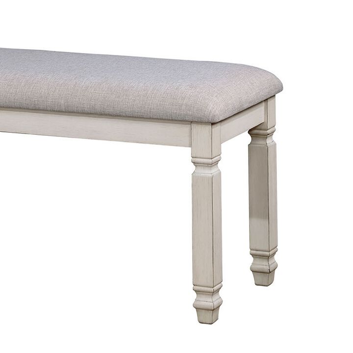 Fabric Upholstered Wooden Bench, White- Benzara
