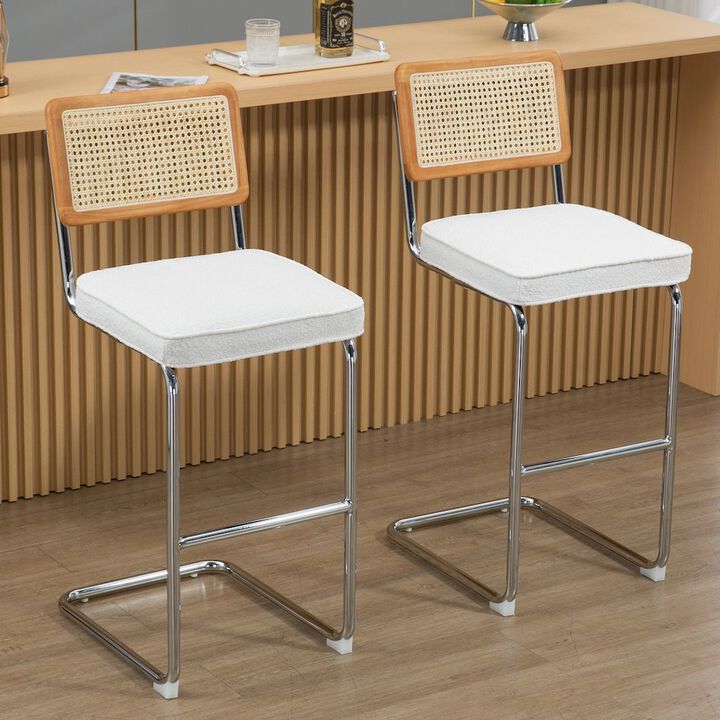 Glamour Home Set of 2 White Boucle Fabric Bar Stool Rattan Backrest and Silver Steel Legs