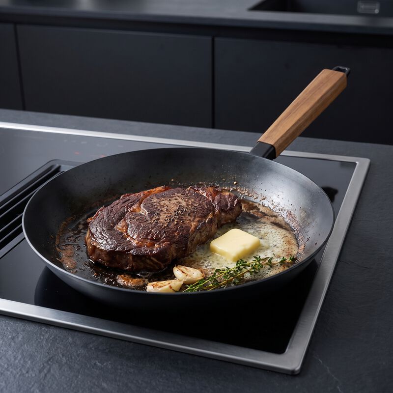 Alva Forest Naturally Nonstick Carbon Steel Frying Pan 4-Piece Set - Acacia Wood Handle, Pre-Seasoned and Made w/o PFAS, PFOA & PTFE - Induction and All Stovetop Compatible with Even Heat Distribution image number 2