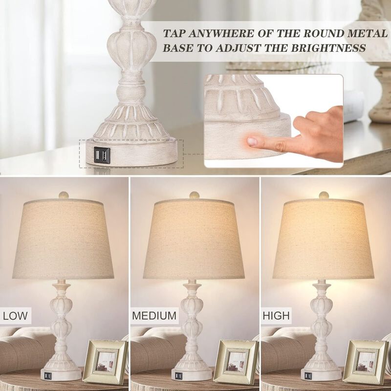 Touch Control Coastal Farmhouse Table Lamp Set of 2, 3-Way Dimmable Bedside Lamp with 2 USB Charging Ports, French Country Style Nightstand Lamp image number 5