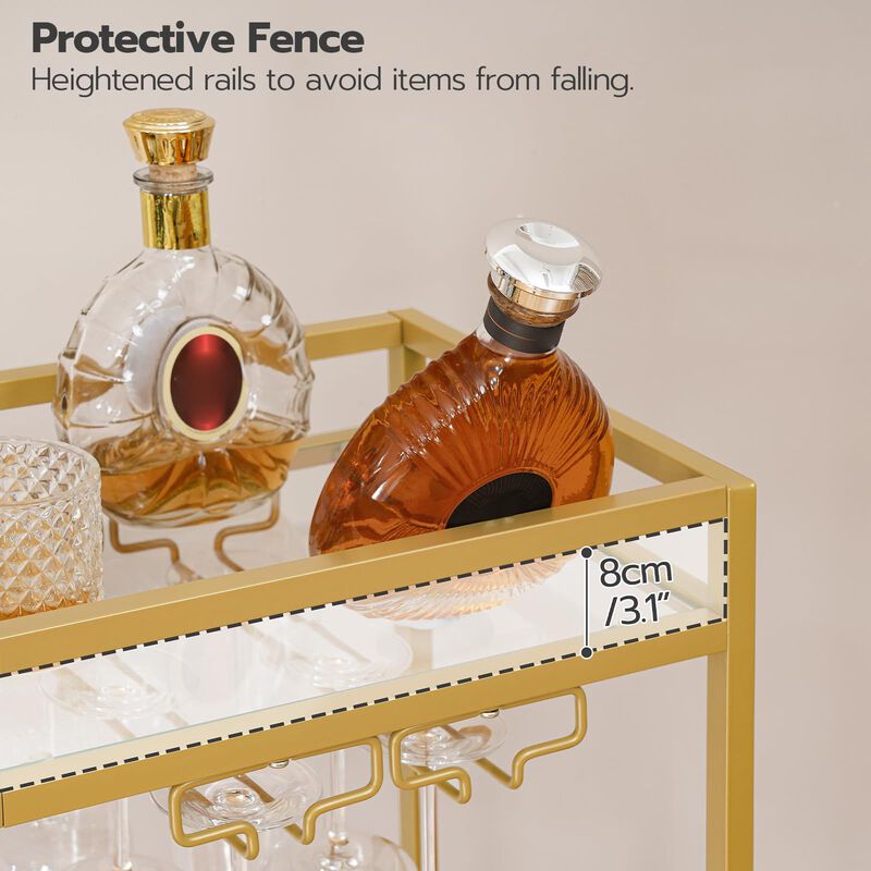 Bar Cart on Wheels with Wine Rack, Glass Holder, and Guardrail for Drinks-Gold image number 5