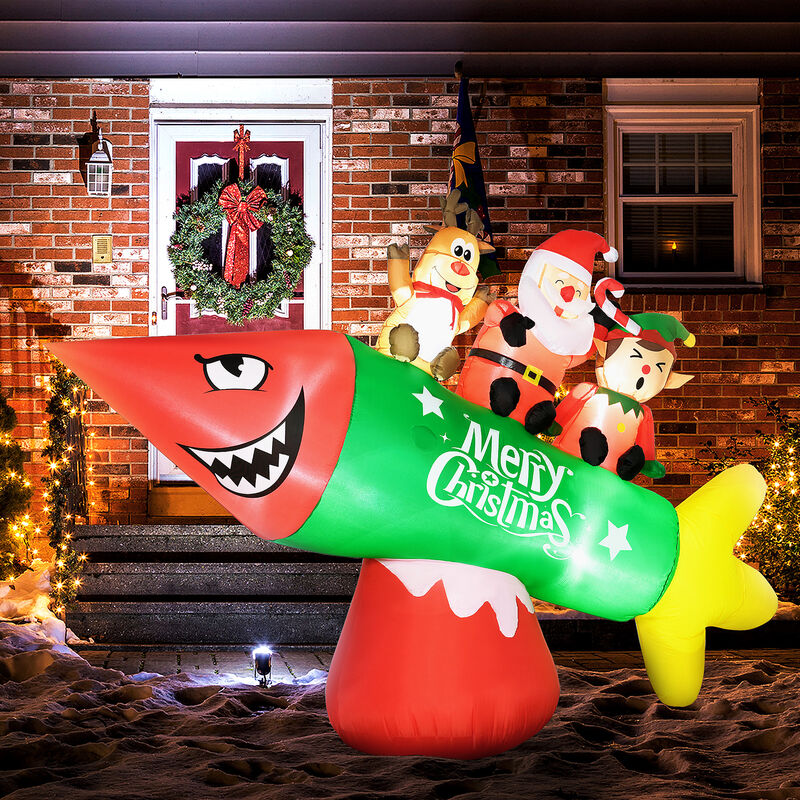 9' Inflatable Christmas Rocket Carrying Santa Claus, Elf and Reindeer for Garden