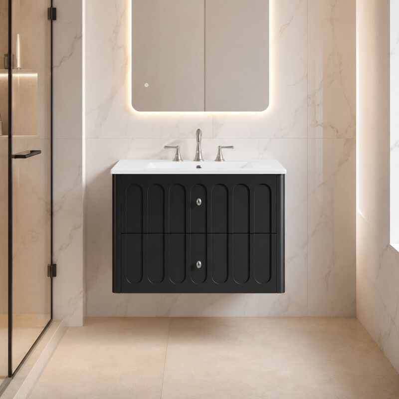 ELEMENT ACE 30 Inch Modern Wall-Mounted Floating Bathroom Vanity with Ceramic Sink, Soft-Close Drawers, Round Edges, Oval Knobs Ideal for Small Compact Bathrooms image number 3