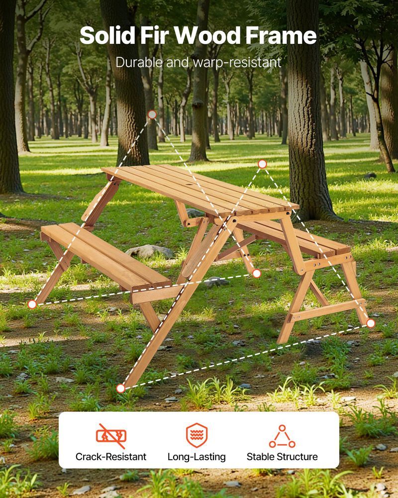 2-in-1 Wooden Picnic Table and Bench Set &ndash; Foldable Outdoor Table with Umbrella Hole