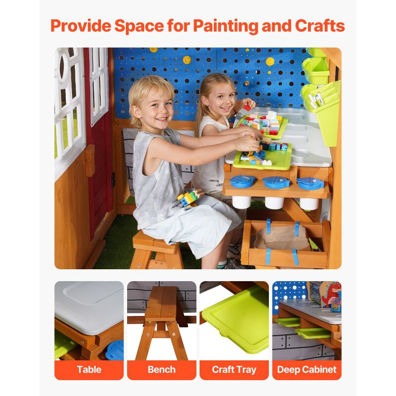 Outdoor Kids Playhouse with Doorbell, Storage Pocket and Gravity Wall Set-Brown image number 6