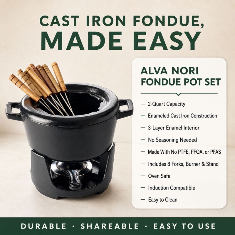 Alva Nori Enameled Cast Iron Fondue Set 2Qt. - Oven Safe and Made without PFAS, PFOA & PTFE - Includes 8 Fondue Forks, Fondue Pot, Adjustable Burner & Stand image number 7