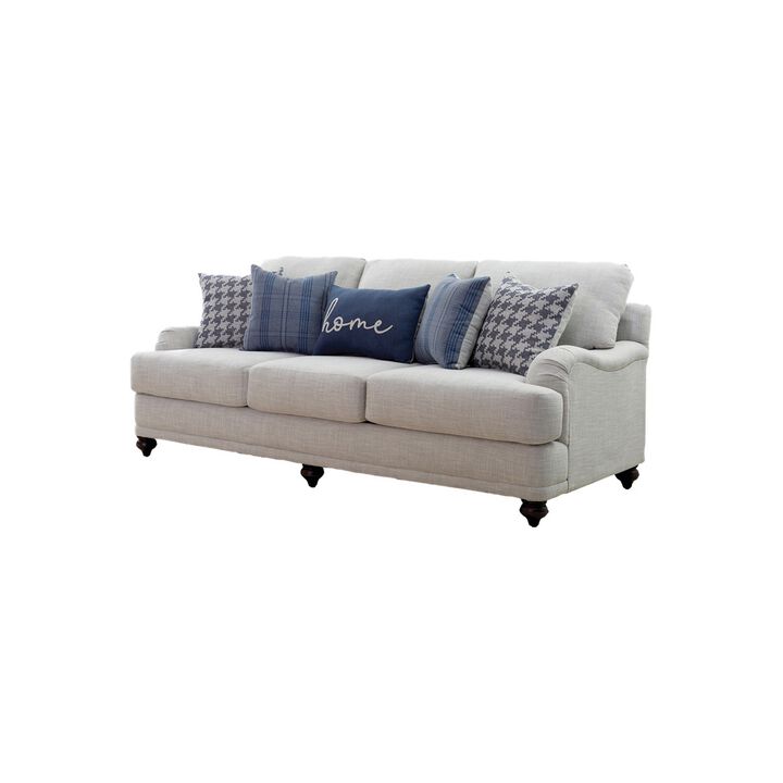 Fabric Upholstered Sofa with Sloped Armrests and Turned Legs, Light Gray - Benzara