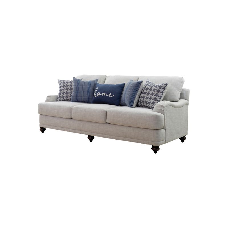 Fabric Upholstered Sofa with Sloped Armrests and Turned Legs, Light Gray - Benzara