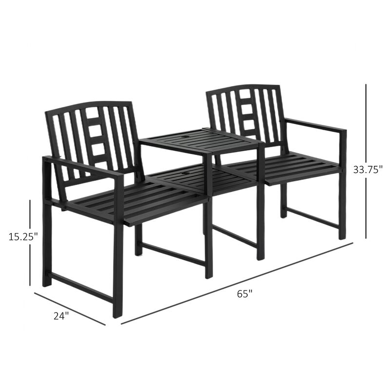 Metal Garden Seating: Loveseat Bench with Table and Umbrella Hole