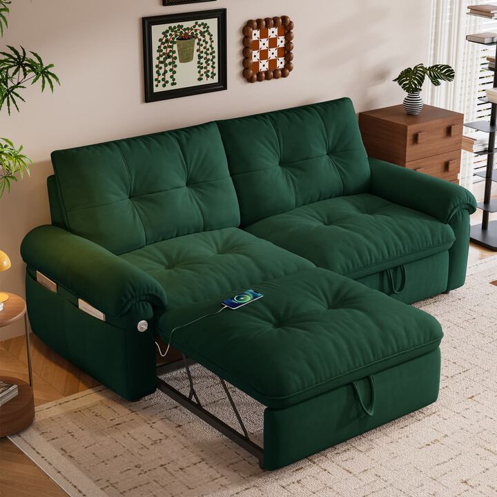77 inch Convertible sleeper sofa bed, Plush fabric loveseat futon with USB ports and side pockets, sofa bed for small apartments
