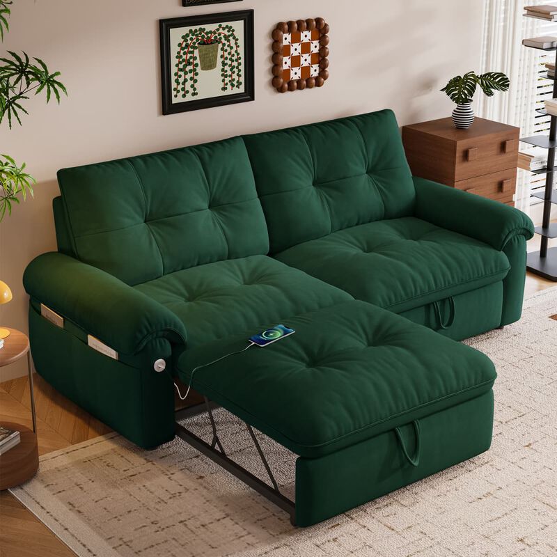 77 inch Convertible sleeper sofa bed, Plush fabric loveseat futon with USB ports and side pockets, sofa bed for small apartments image number 1