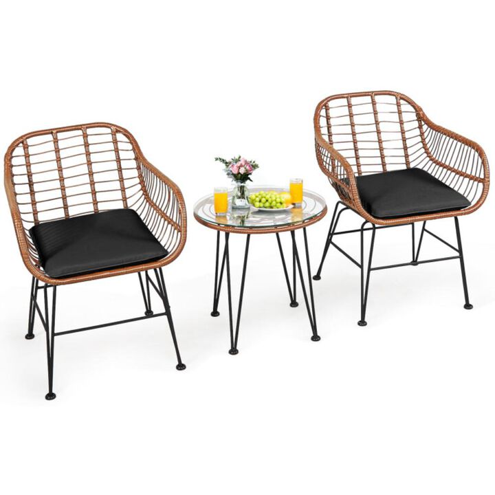 Hivvago 3 Pieces Patio Rattan Bistro Set with Cushion