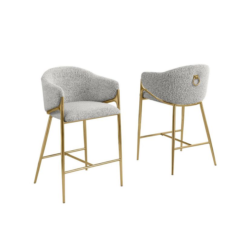 Best Quality Furniture Rich Gray Counterheight (26) In Boucle Fabric And Gold Chrome Base (Set Of 2)