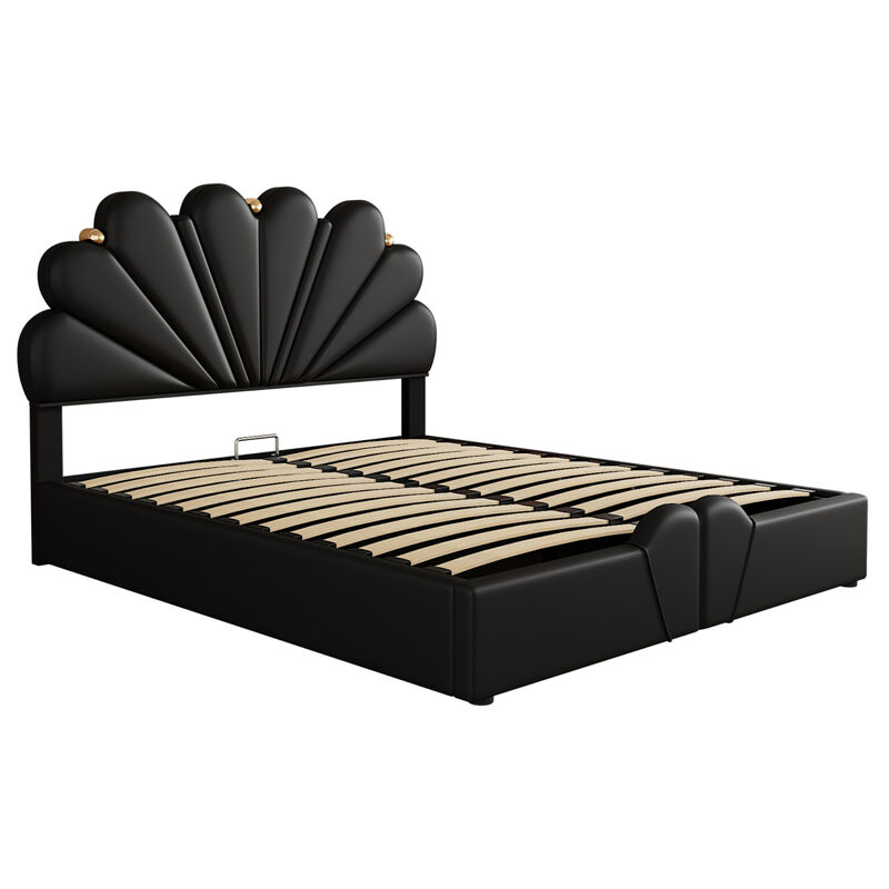 Queen Size Upholstered Petal Shaped Platform Bed with Hydraulic Storage System, PU Storage Bed, Decorated with metal balls, Black