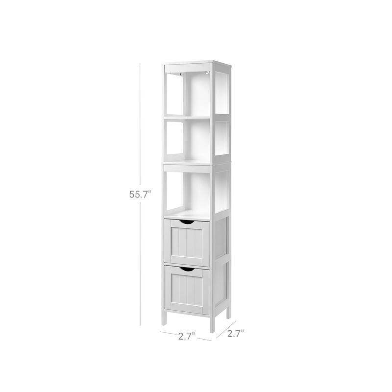 Bathroom Tall Cabinet, Linen Tower, Floor Storage Cupboard, with 2 Drawers and 3 Open Shelves