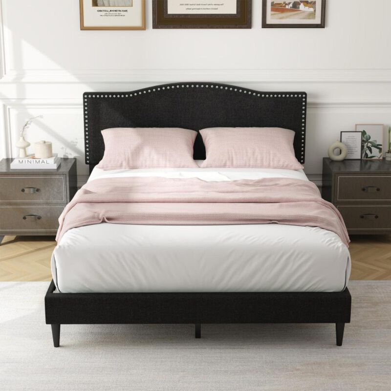 Hivvago Queen Size Upholstered Bed Frame with Nailhead Trim Headboard