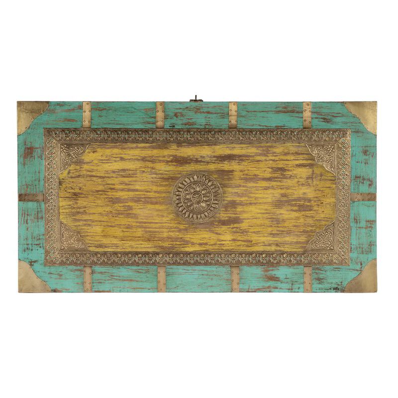 Butler Specialty Nador Hand-Painted Brass Inlay Storage Trunk Coffee Table, Blue, Yellow