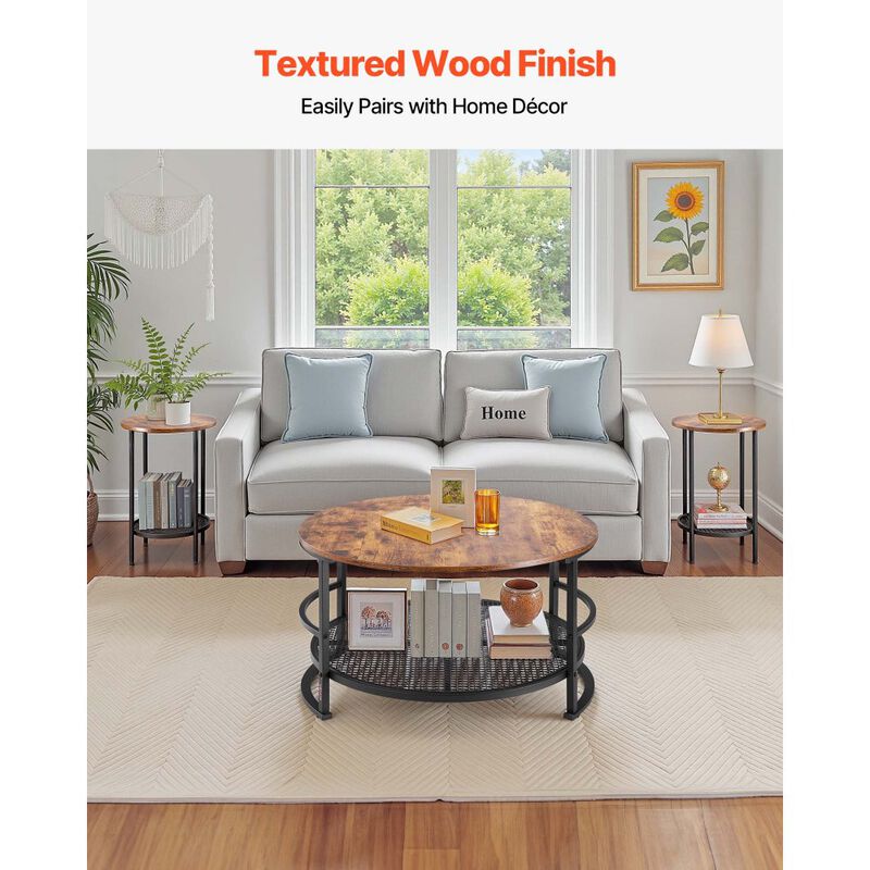 Industrial 3 Piece Coffee Table Set Round Center Table with 2 End Tables for Living Room-Brown image number 6