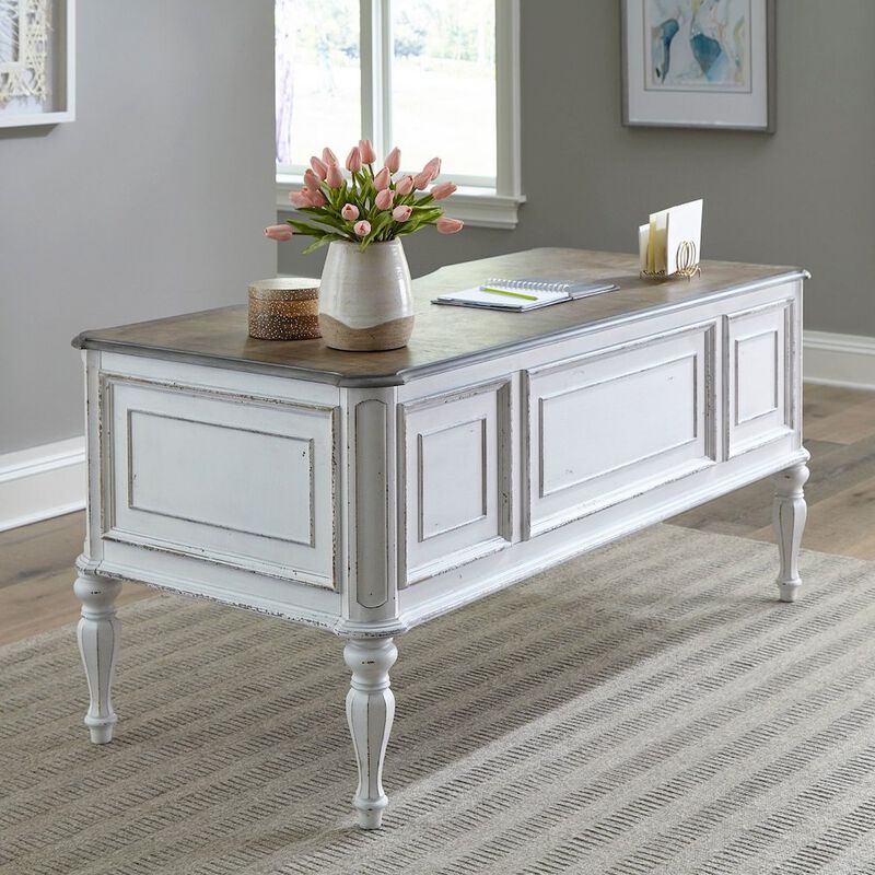 Liberty Furniture Writing Desk with 5 Drawers European Home Office - Antique White & Bark Oak Wood image number 1