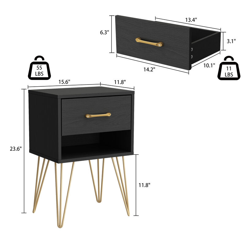 Nightstand with Drawer & Shelf, Industrial Style, Gold Metal Legs, End Table Black (15.7”W x 11.8”D x 23.6”H)