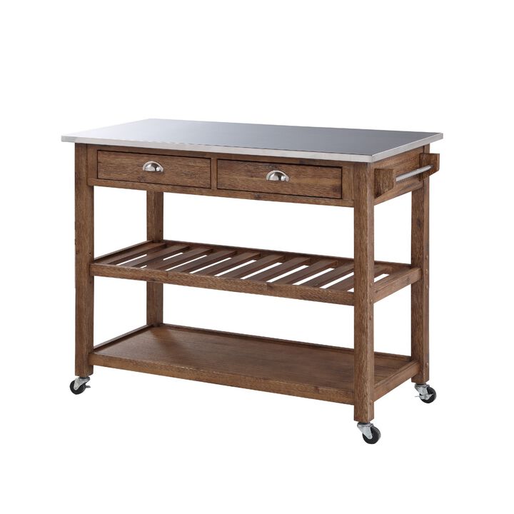 2 Drawers Wooden Frame Kitchen Cart with Metal Top and Casters, Brown and Gray-Benzara