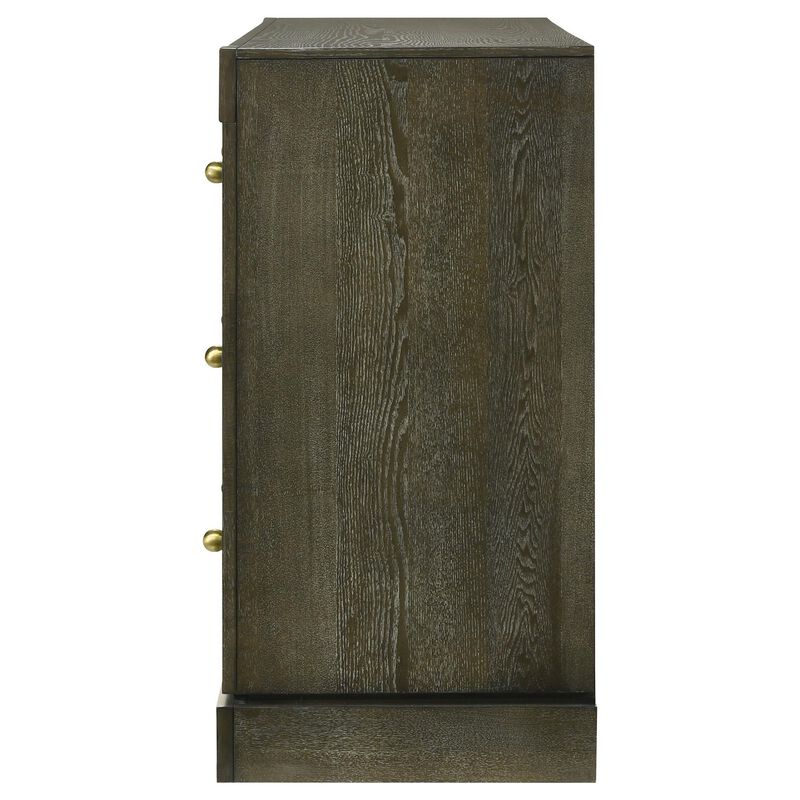 Seon Wide Dresser, 6 Drawers with Brass Knobs, Dark Cocoa Brown Wood - Benzara