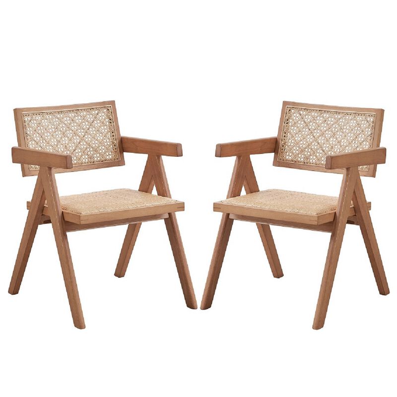 Tina 22 Inch Dining Armchair Set of 2, Woven Rattan, Natural Brown Wood - Benzara