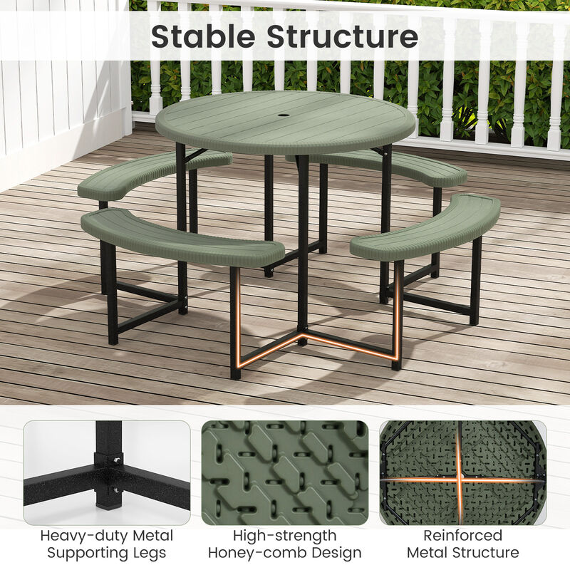 Round Picnic Table Set with 4 Benches and Umbrella Hole &ndash; Outdoor Patio Dining