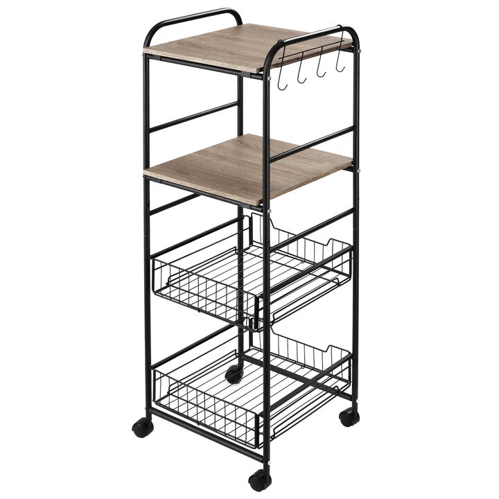 16" 4-Tier Utility Kitchen Cart Rolling Serving Trolley w/ 2 Storage Shelves