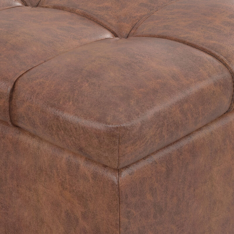 Sienna 33 inch Wide Transitional Rectangle Storage Ottoman Bench in Distressed Saddle Brown Vegan Faux Leather, Assembled image number 8