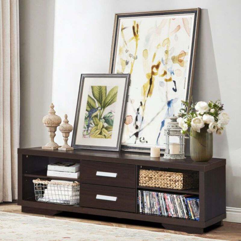 Modern TV Stand Entertainment Center with 2 Drawers and 4 Open Shelves - Brown