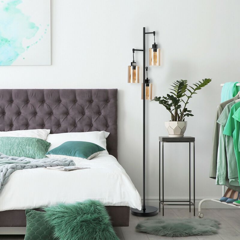 Floor Lamp with 3-Head Hanging Amber Glass Shades for Living Room or Bedroom Decor