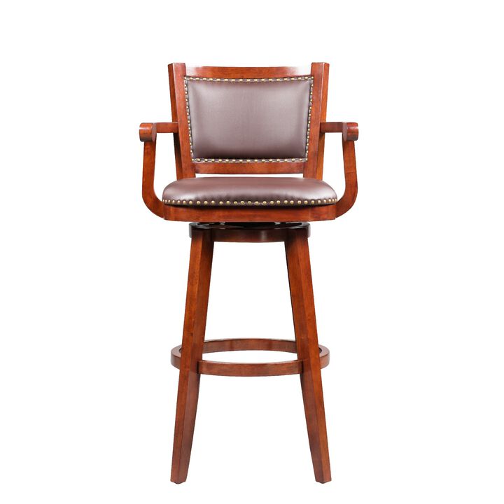 Hugo 34 Inch Swivel Barstool, Wood, Open Rolled Arms, Bonded Leather, Brown-Benzara