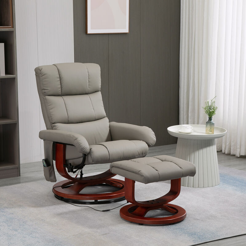 HOMCOM Massage Recliner Chair with Ottoman, Swivel Recliner and Footrest, Faux Leather Reclining Chair with Remote Control and Side Pocket, Gray