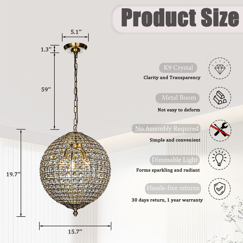 3-Light 16" Retro Antique Gold Crystal Globe Chandelier With Crystal Accents image number 6