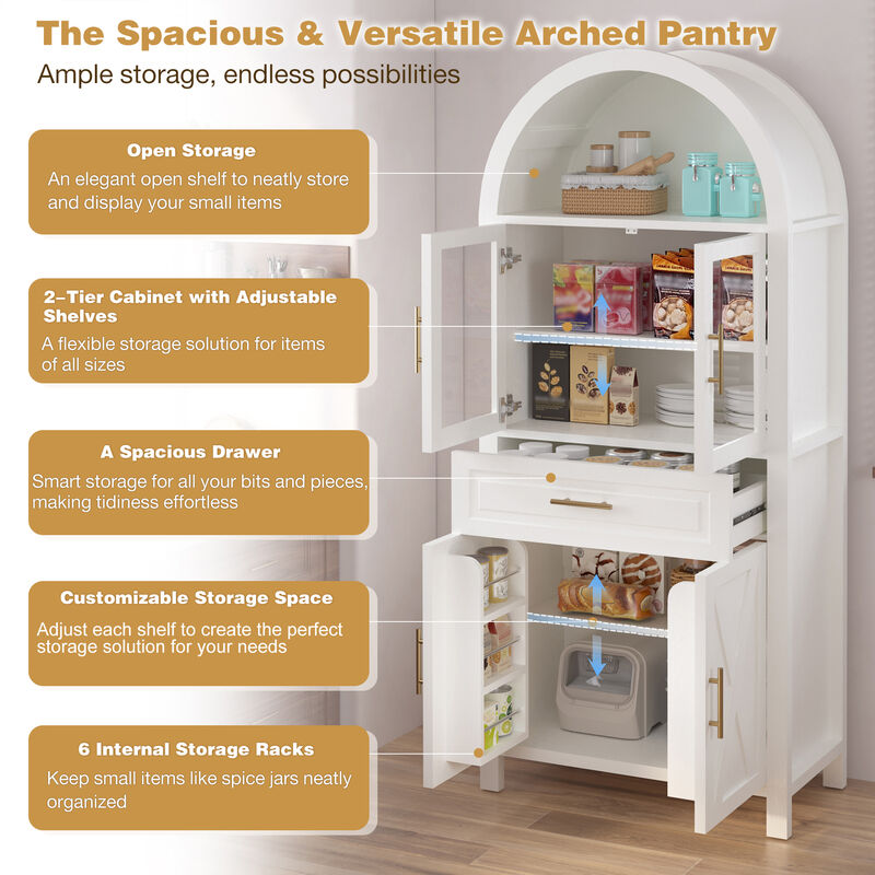 Merax Farmhouse Arched Glass Barn Door Pantry Cabinet - Adjustable Shelves & Built-In Racks image number 4