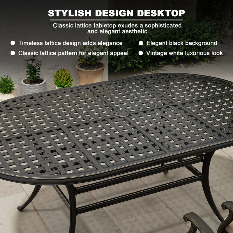 Mondawe 7-Piece Outdoor Dining Set Cast Aluminum with 1 Elliptical Table 4 Dining Chairs 2 Swivel Rockers with Cushions (Seat 6)