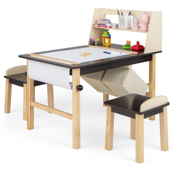 Hivvago Kids Art Table and Chairs Set with Paper Roll and Storage Bins-Coffee