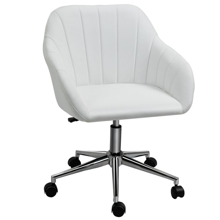 White Home Office Chair: Mid-Back PU Leather Swivel Tub Armchair