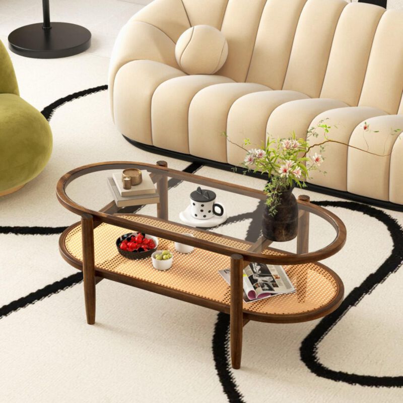 Hivvago 2-Tier Coffee Table with Tempered Glass Tabletop and Acacia Wood Frame