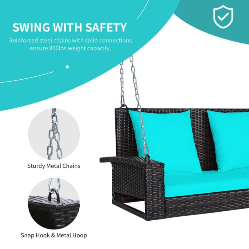 Hivvago 2-Person Wicker Hanging Porch Swing with 2 Back Cushions and 1 Seat Cushion