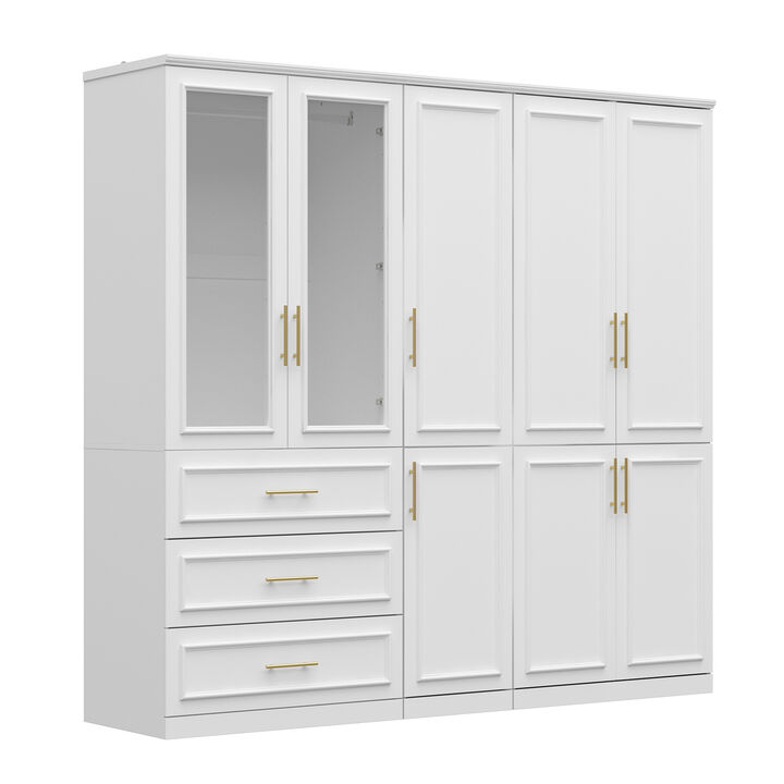 FUFU&GAGA Elegant White 8-Door Wardrobe with Glass Inserts & Gold Accents, 3 Drawers, (79.1 in. W x 19.3 in. D x 74.8 in. H)