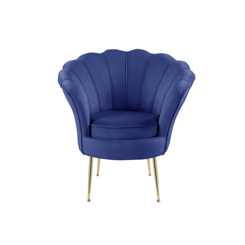 Velvet Scalloped Back Barrel Accent Chair with Metal Legs in Blue