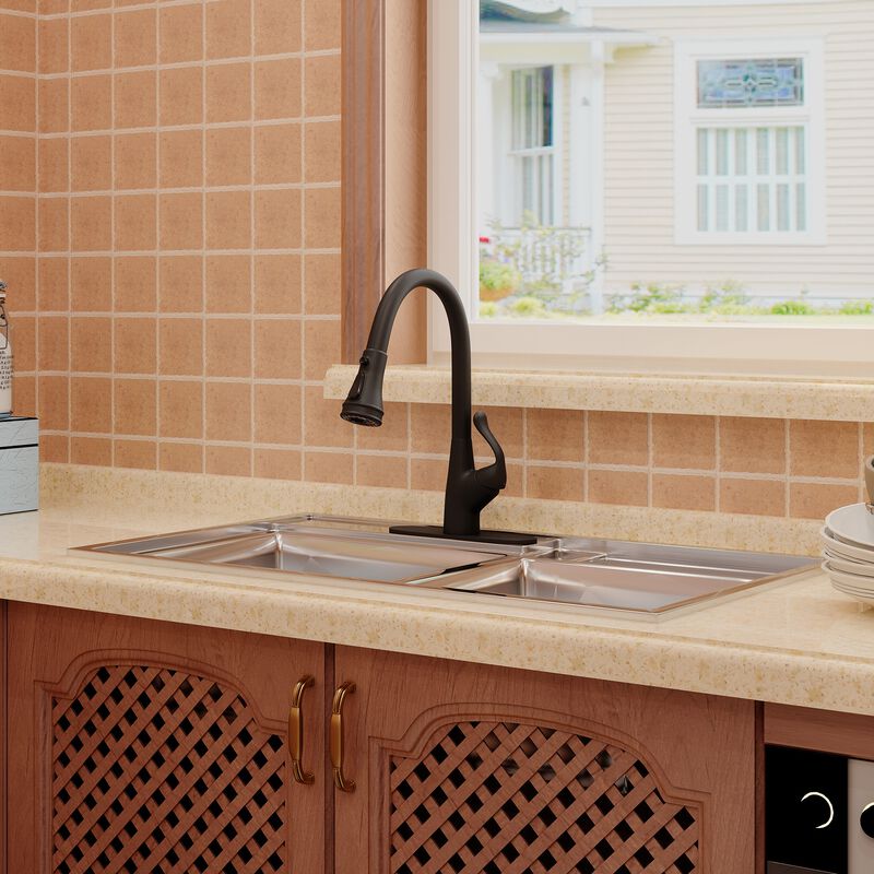 Mondawe 3 Modes Single Handle Sink Faucet, Kitchen Sink Faucet with Pull Down Sprayer, High Arc RV Kitchen Faucet with Deck Plate