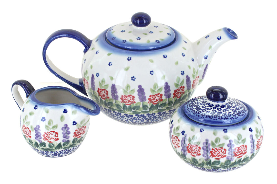Blue Rose Polish Pottery Forget Me Not 3 Piece Tea Set