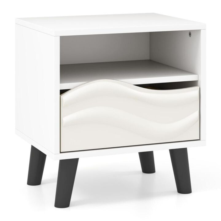 Hivvago Nightstand Mid Century Modern Bedside Table with 3D Wavy Pattern and Open Shelf
