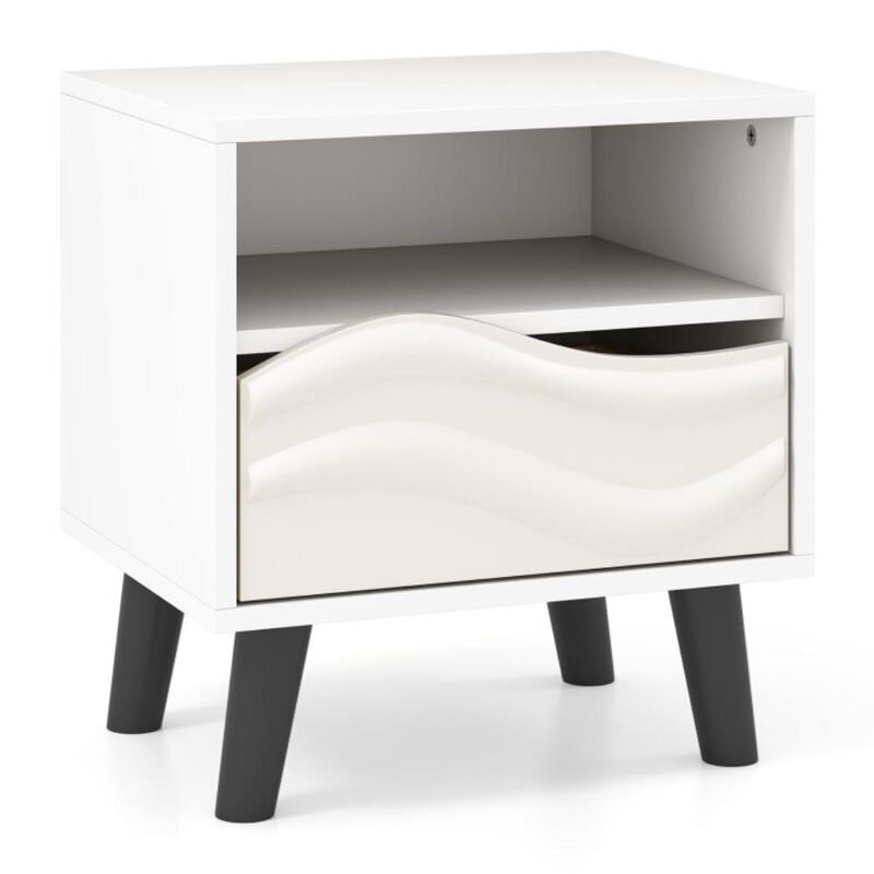 Hivvago Nightstand Mid Century Modern Bedside Table with 3D Wavy Pattern and Open Shelf