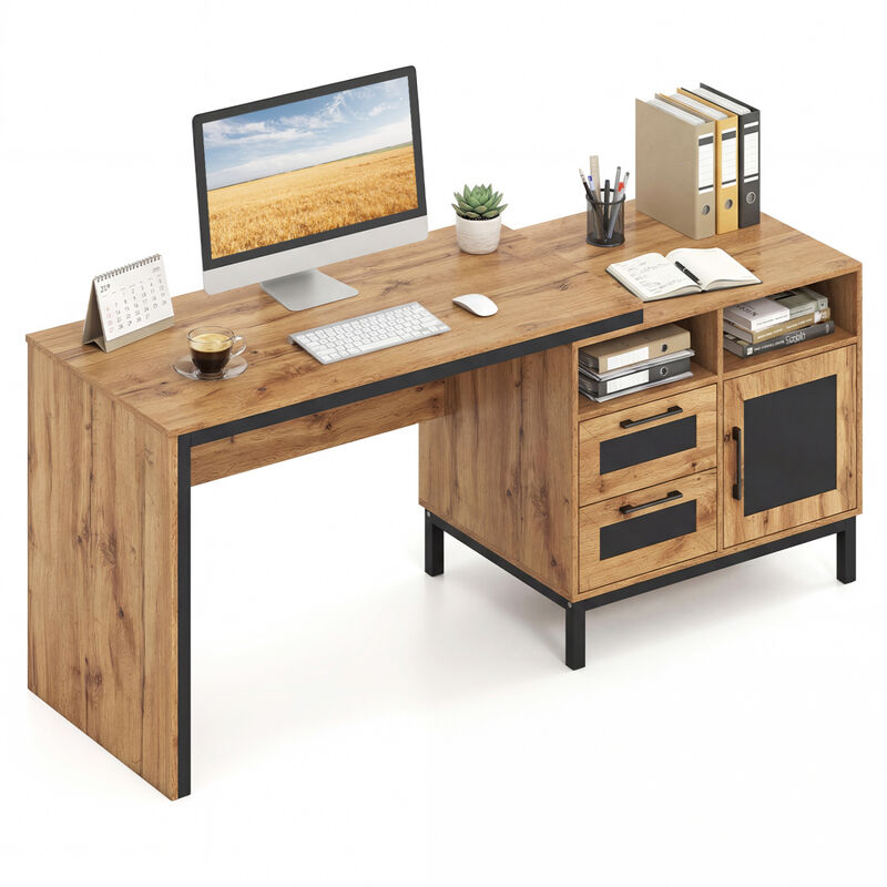 Modern Computer Desk with Open Compartments and Drawers for Storage image number 3